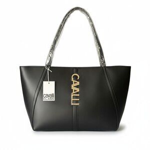 Cavalli Class Sandra Shopper Faux Leather Logo Tote Bag NWT Black